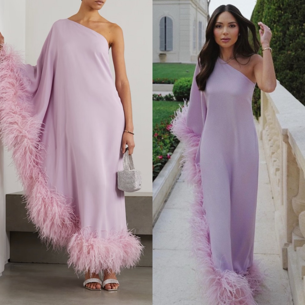 Taller Marmo Ubud one shoulder feather trimmed crepe maxi dress lilac size US 6